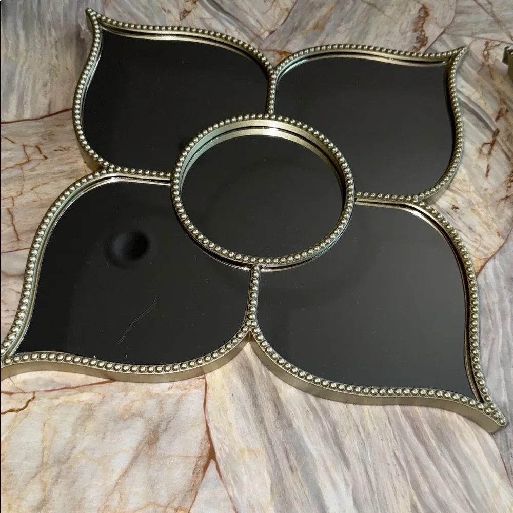 Elegant Black and Silver Decor Glass Mirror Flower Shaped Wall Set of 2